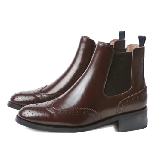 Brown Brogue 4.5cm Осень тенденция обувь коренастый плоские челси женские ботильоны Круглый носок лакированная кожа черный грубый башмак Британская слипоны короткая женский мода китайский женская - Цвет: Brown Brogue 4.5cm