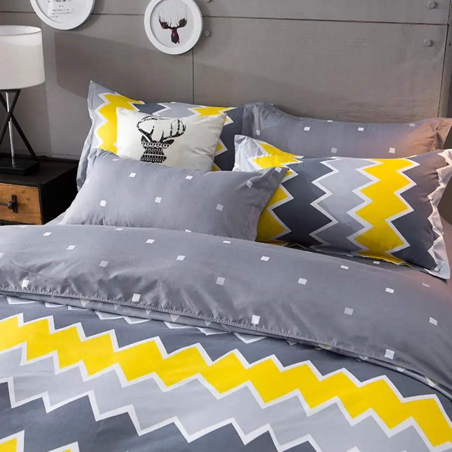 King Size Bedding Comfortable Yellow Waves Printed Flat Sheet Quilt Cover Pillowcases Set Bed Duvet | Дом и сад