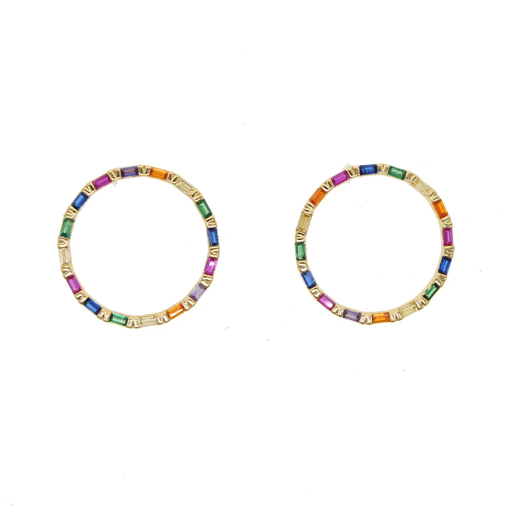 Серьги круглые с разноцветными фианитами золотистые/серебристые 2019 пробы 24