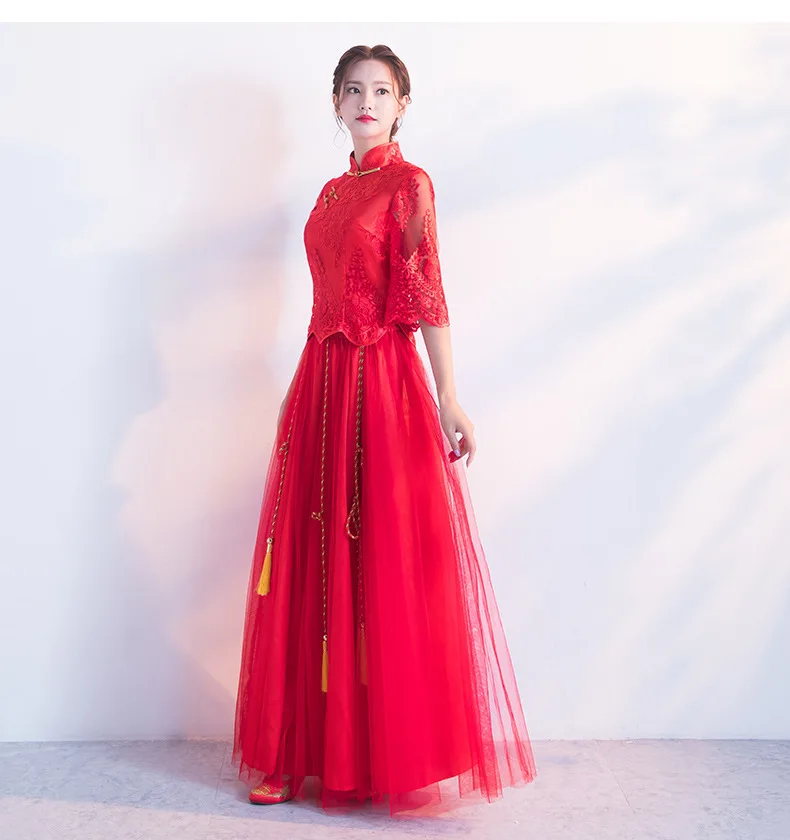 Традиционное китайское свадебное платье невесты Cheongsam кружевное красное Qipao восточные платья Robe Mariee винтажные Chinees Jurkje
