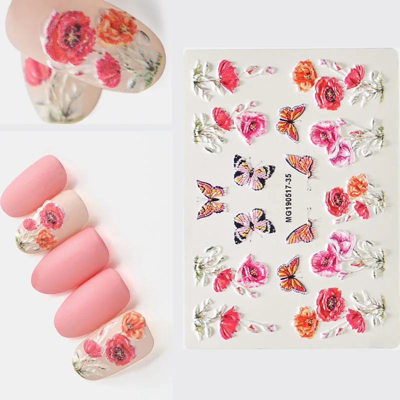 3D акриловая гравированная наклейка с цветком для ногтей цветок стрекоза листья