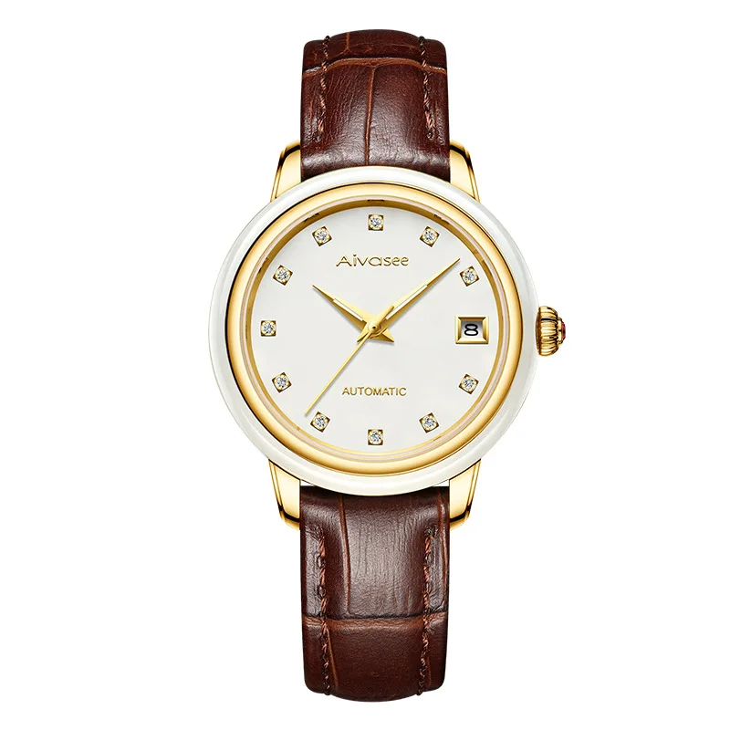 Women White Leather Hetian Jade Мужские автоматические деловые Часы механические из нержавеющей стали водонепроницаемые мужские часы полые календари кожаные часы пара - Цвет: Women White Leather