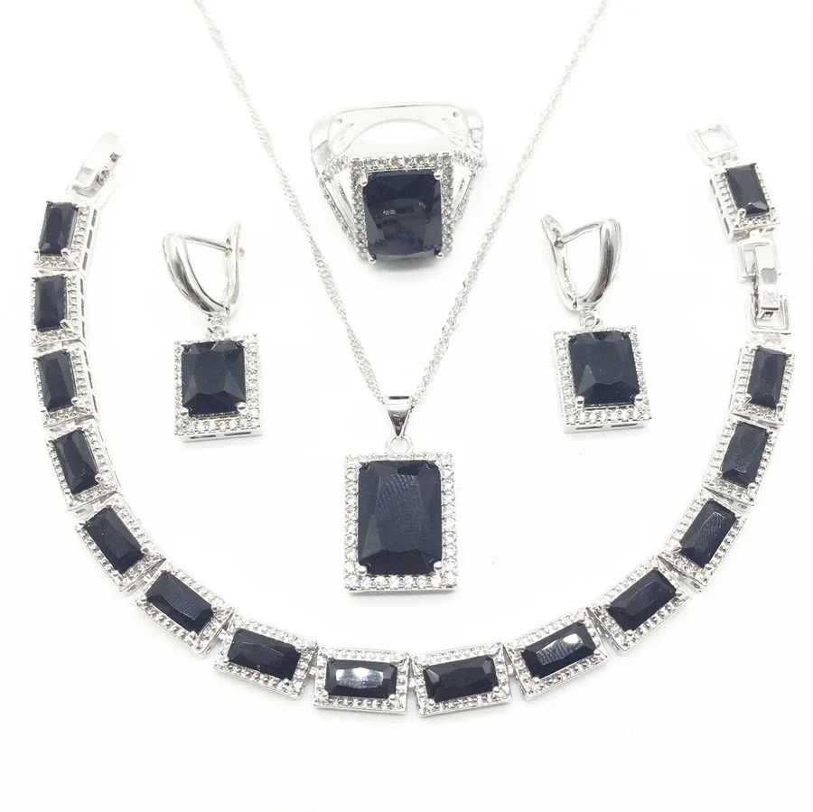 Квадратный натуральный черный циркон Белый Австралийский Кристалл 925 Серебряные