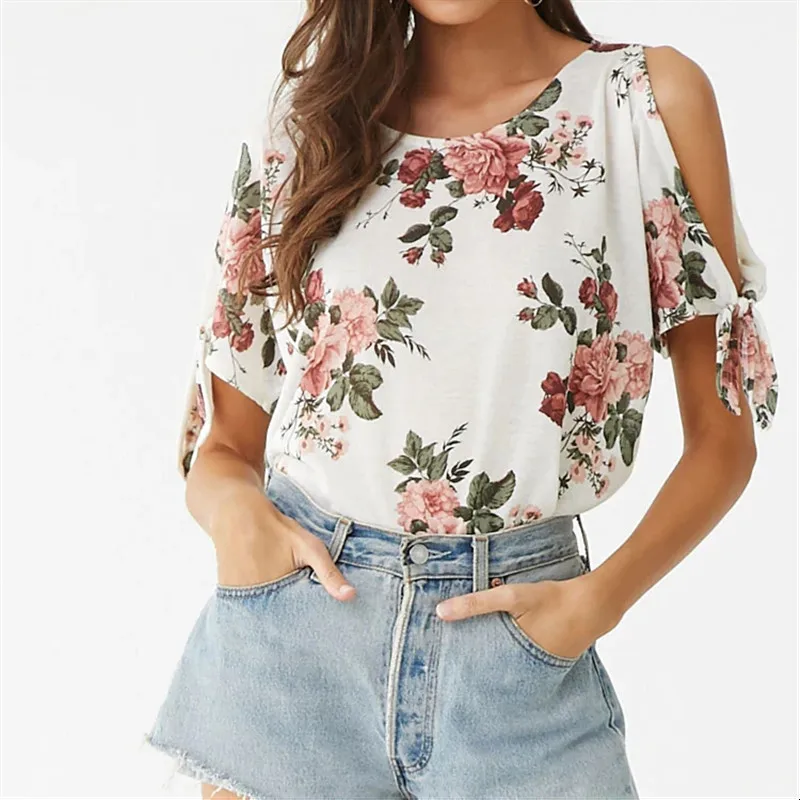 

Fashion Summer European and American Pullover Round Neck Short Sleeve Flowers Printed Halter Shirt B Women Tees T Shirt Lady Top