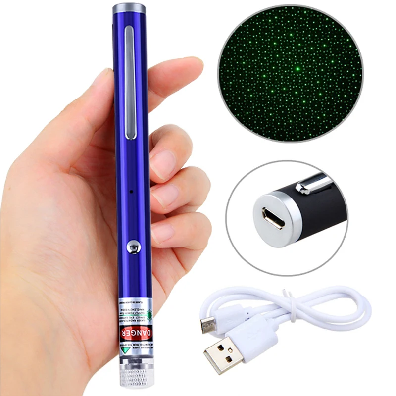 5MW USB Charging Laser Pointer Pen High Power Green/Red 532NM/650NM 1000m Range Visual Beam Lazer Blue Shell |
