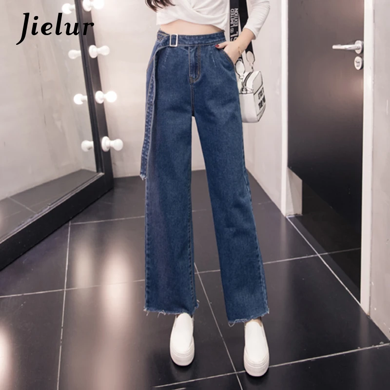 Jielur 2019 Осенние новые модные женские брюки клёш Большие размеры синий пояса синие