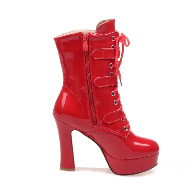 YMECHIC Pu Patent Leather Buckle Strap Lace Up High Heel Motorcycle Boots Women Winter Platform Ladies Goth Shoes Plus Size