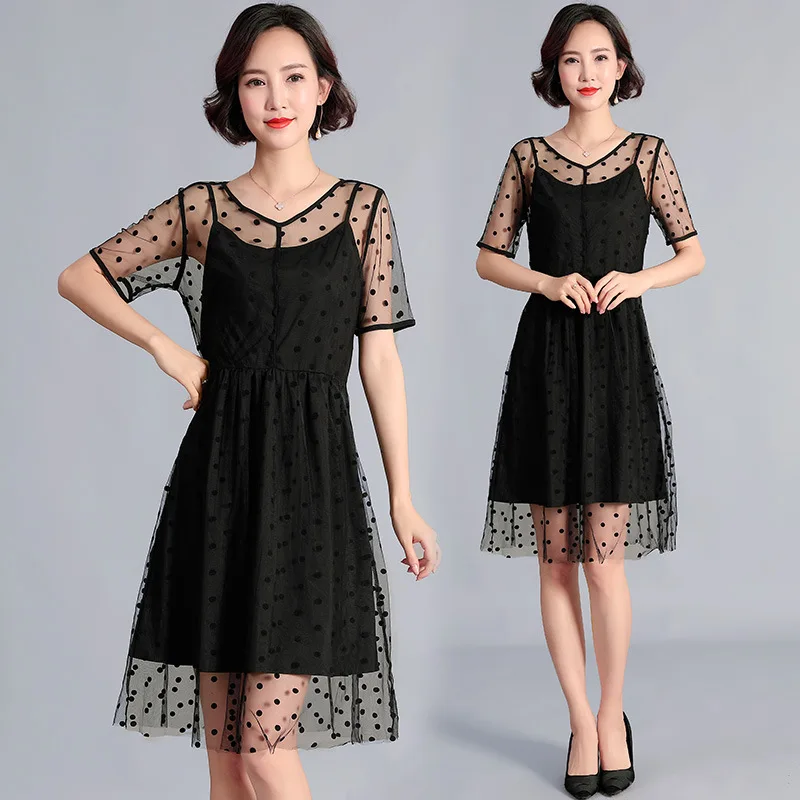 Летнее миди платье 2019 красивое Сетчатое в горошек с имитацией двух прозрачных