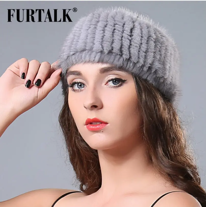 FURTALK, норковый мех, зимний головной убор для женщин, теплый вязаный натуральный мех норки, повязка на голову, меховая шапка, женские меховые аксессуары для волос - Цвет: Серый