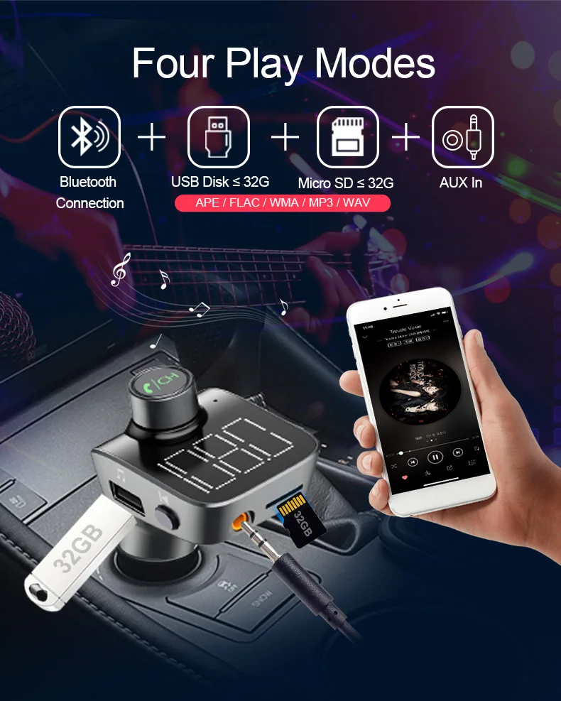 5,0 Bluetooth FM передатчик Комплект беспроводной связи Bluetooth для автомобиля Большой Цифровой светодиодный дисплей AUX FM модулятор Handsfree Автомобильный mp3 плеер