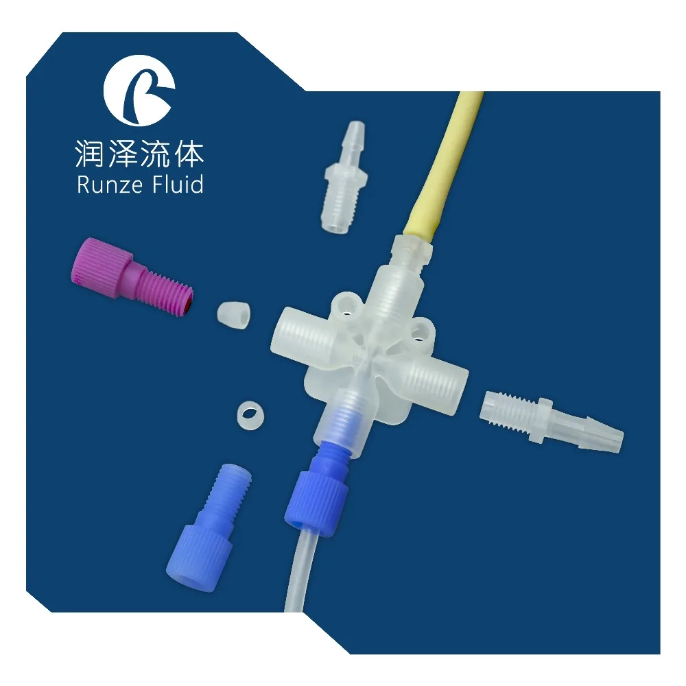 PP PTFE женский 1/4-28UNF 4-полосный перекрестный соединитель трубопровода Chemicasl
