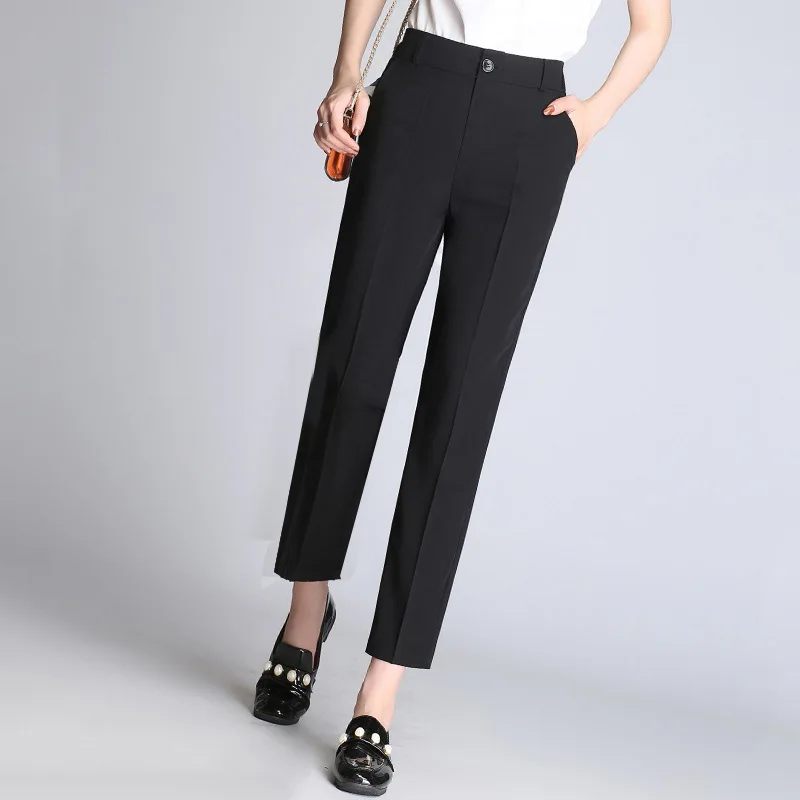 women summer casual pants 2017 fashion pure black high waist slim fit tiny wide leg ankle-length suit for | Женская одежда