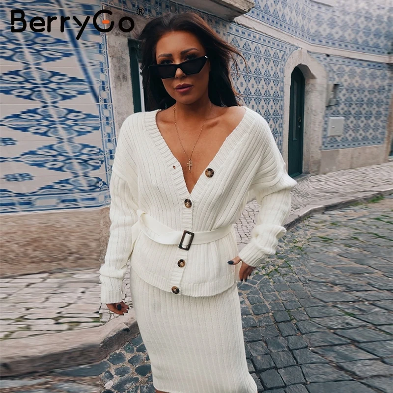 BerryGo трикотажное платье из двух предметов, элегантный осенне-зимний женский свитер, платье, костюм с пуговицами и поясом, Женский костюм с юбкой с длинным рукавом