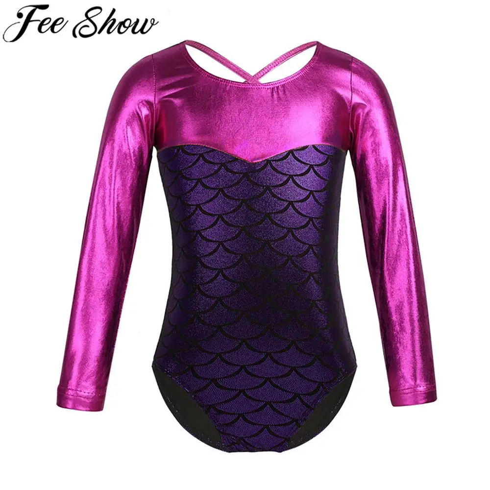FEESHOW Girls Glittery mermaid Ballet Jumpsuit for Kids Long Sleeves Dance Gymnastics Leotard Dancewear Dress | Детская одежда и
