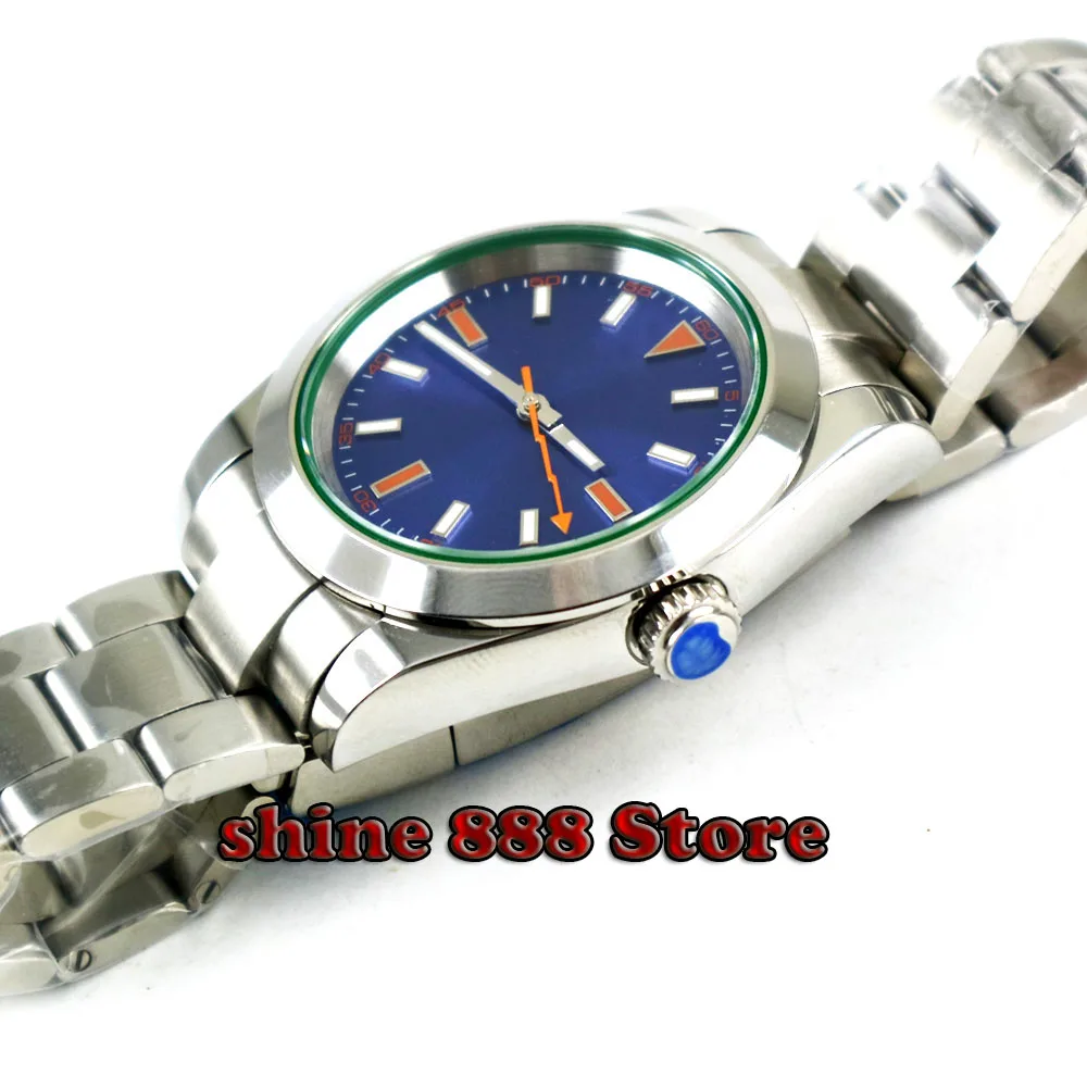 Однотонные мужские часы с голубым циферблатом 40 мм светящимся сапфировым