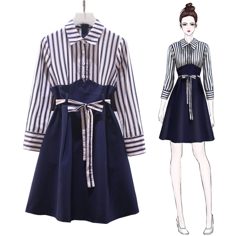Trytree Spring Summer Dress Casual A-line Women Patchwork Stripe Shirt dresses Sashes Above Knee Turn-down Collar | Женская одежда