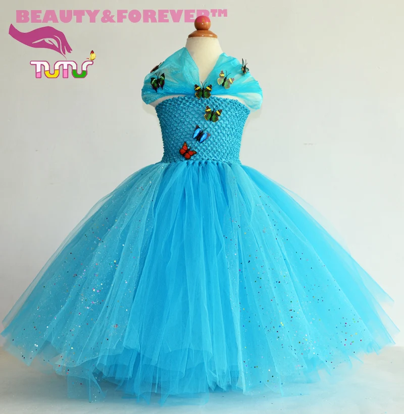 Новый дизайн ручной работы синий тюль косплей костюм принцессы Золушка платье с