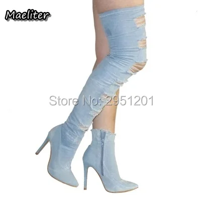 Осенне зимние ботинки выше колена с острым носком|thigh high boots|boots sexyblue denim boots |