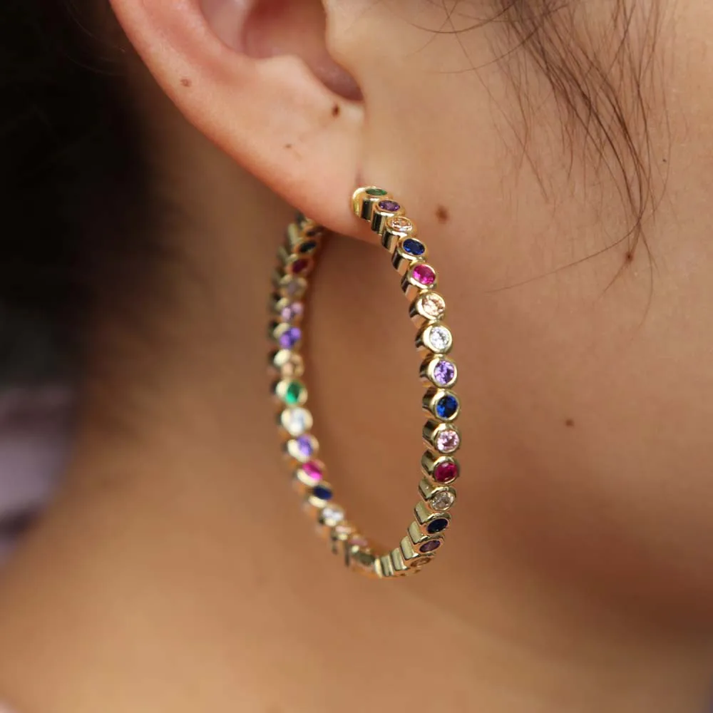 BOHO большие серьги кольца Золотой цвет ободок Установка Радуга красочные кубического циркония Европейский для женщин леди великолепные ювелирные изделия