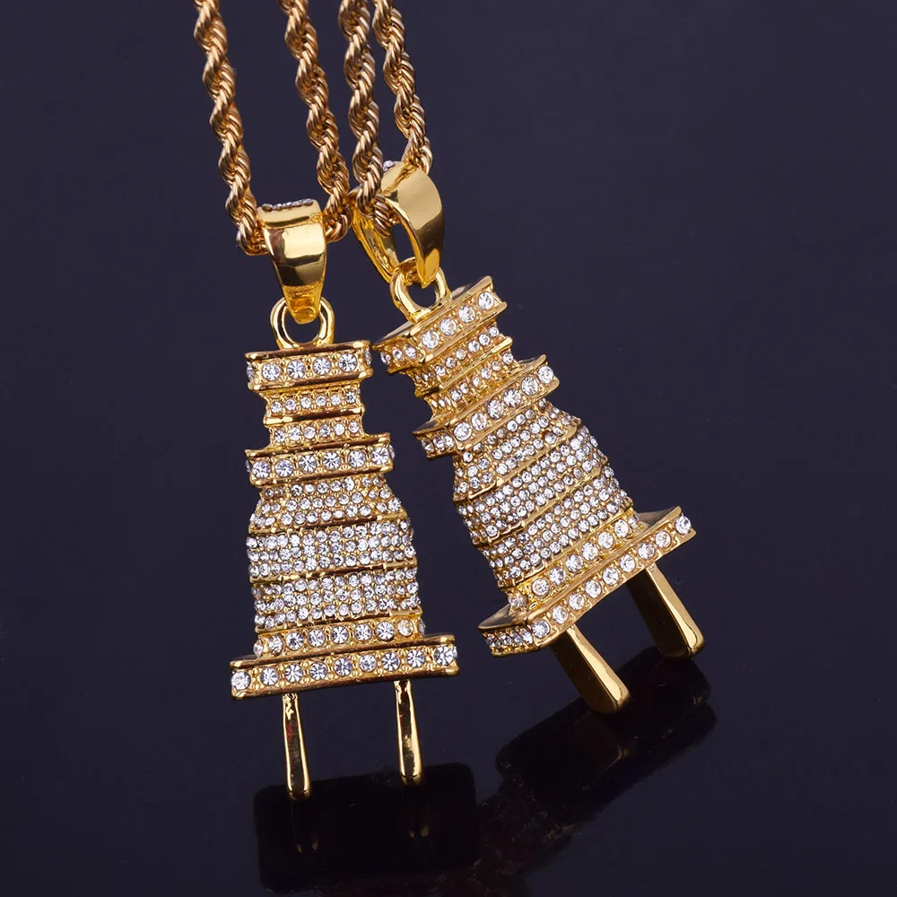 Для Мужчин's со Льдом Bling штекер ожерелье, подвеска из золота цвет серебра талисман микро проложить кольцо со стразами в стиле «хип-хоп» ювелирные изделия