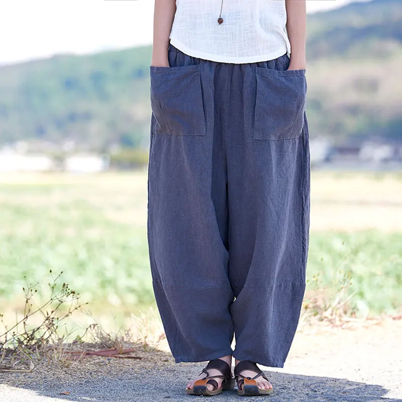 Широкие брюки шаровары из хлопка и льна с эластичным поясом|wide leg pants|loose harem pantsleg