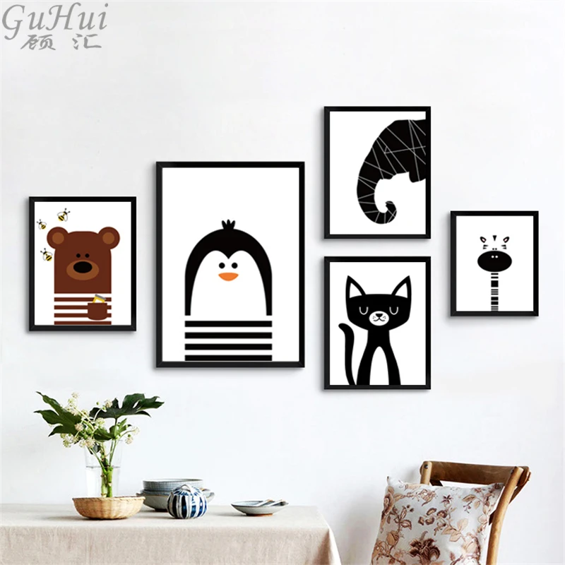 Nordic Cartoon Black And White Animals Elephant Bear Canvas Painting Penguin Cat Posters Prints Wall Pictures Kids Room Decor | Дом и сад