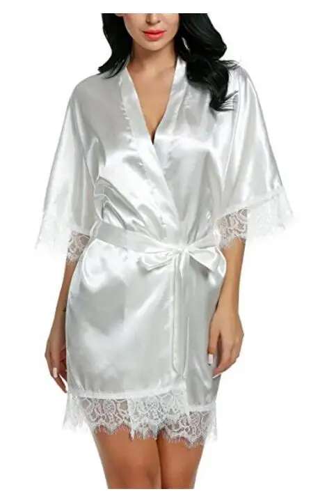 Gown Women Short Satin Bride Robe Lace Silk Kimono Bathrobe With Removable Belt Bridesmaid Plus Size Nightwear Peignoir | Женская одежда