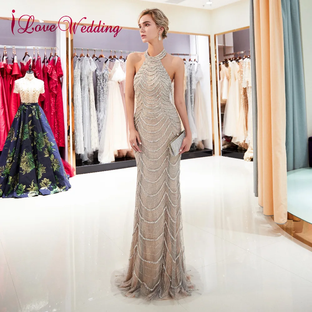 ILoveWedding с лямкой на шее вечернее платье Шампань торжественное пол Длина без