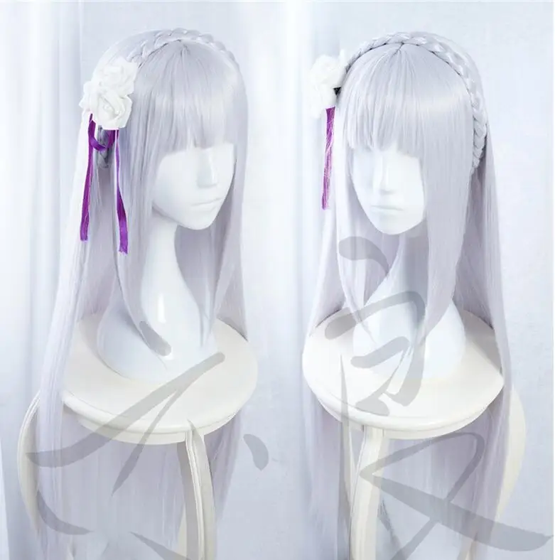 

Anime Re: Life in a Different World from Zero Emilia Cosplay Wig Long Silver Purple Synthetic Hair Wig + Wig Cap + Flower
