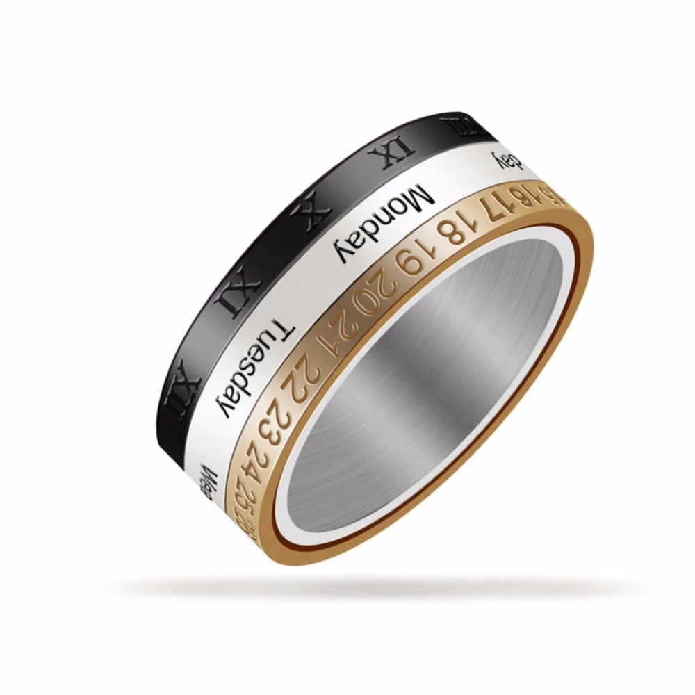 Креативное кольцо с календарем три цвета вращающееся из нержавеющей стали для