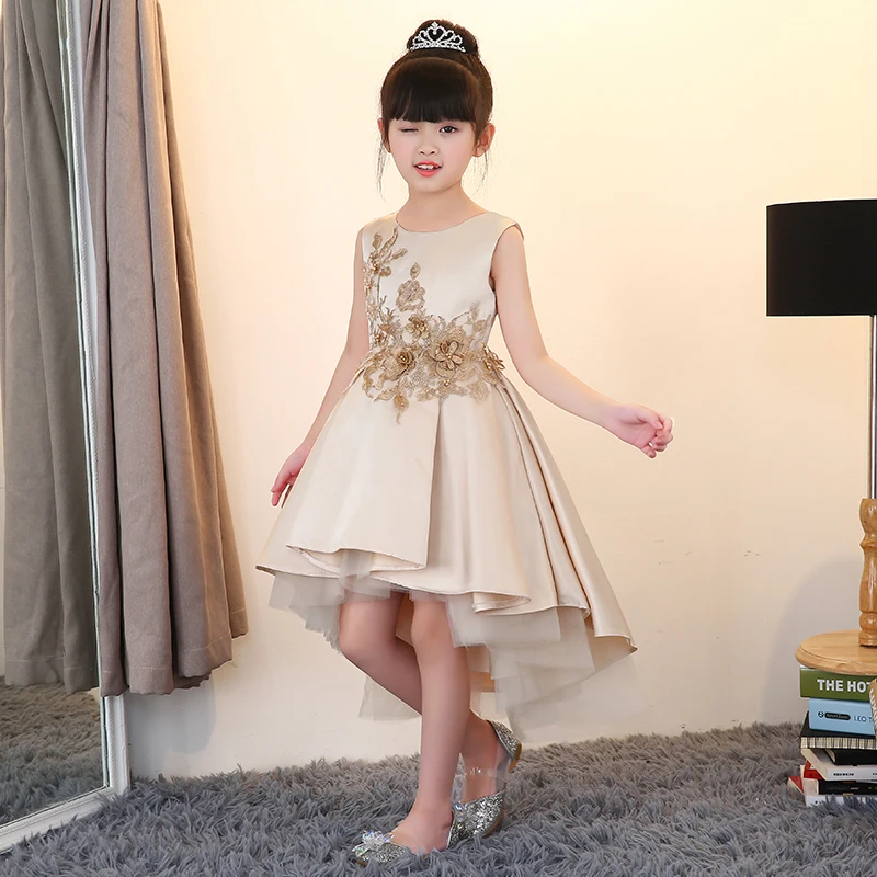

Toddler baby Fairy long tail long dress elegant summer girl kids front short back long champagne gold bridesmaid wedding party