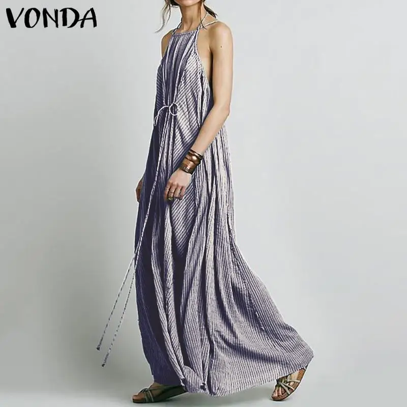 VONDA, 5 цветов, богемное длинное платье макси, винтажное сексуальное летнее платье без рукавов, праздничное платье, сарафан, повседневное пляжное платье, большие размеры