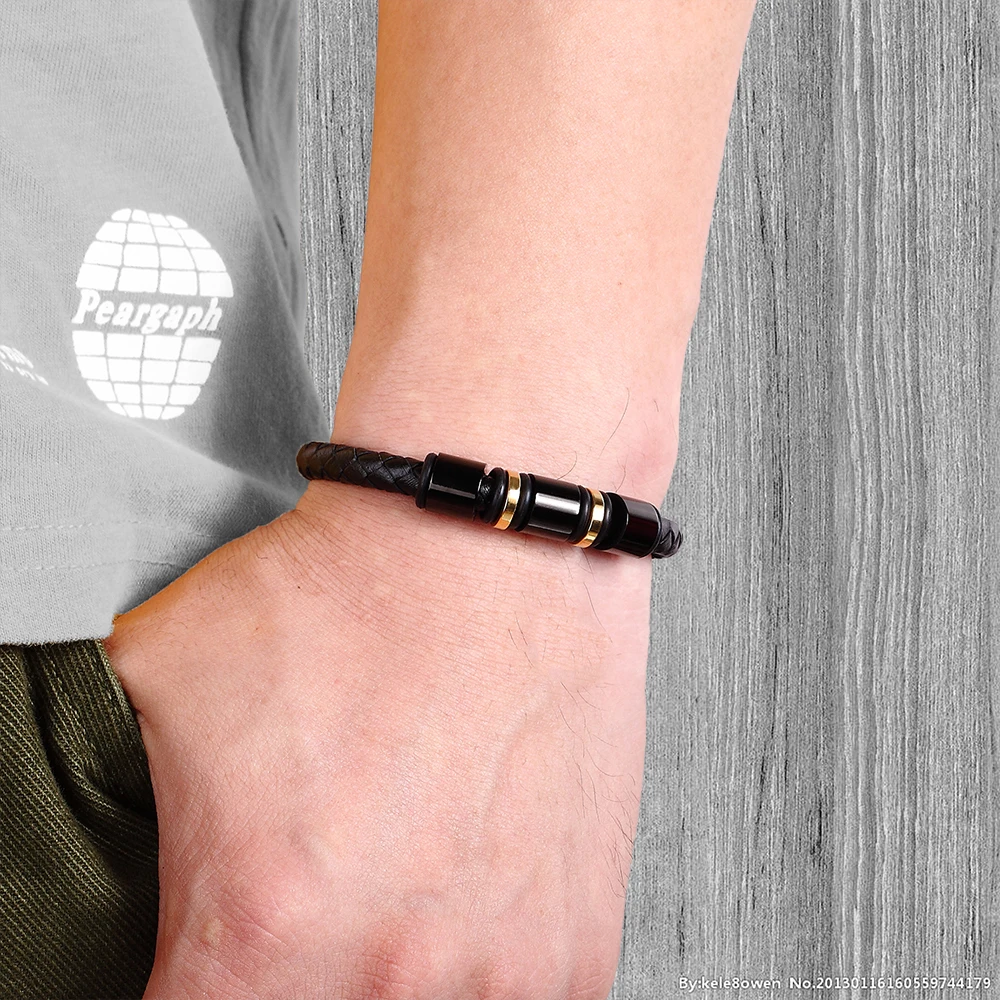 Модные мужские украшения черный браслет из натуральной кожи серебристый цвет