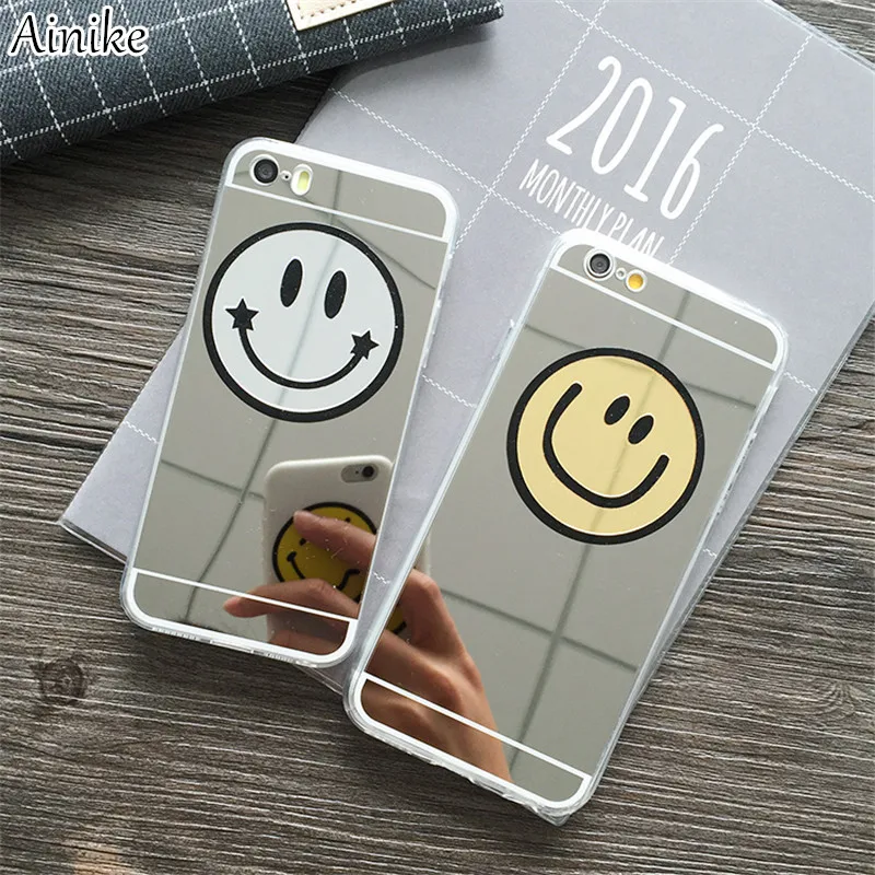 Ainike Smile Face Acrylic Mirror Phone Case For iPhone X XR XS MAX 8Plus 4s 5s SE 6 6S Plus 7 7plus Lovely Smiling Cover |