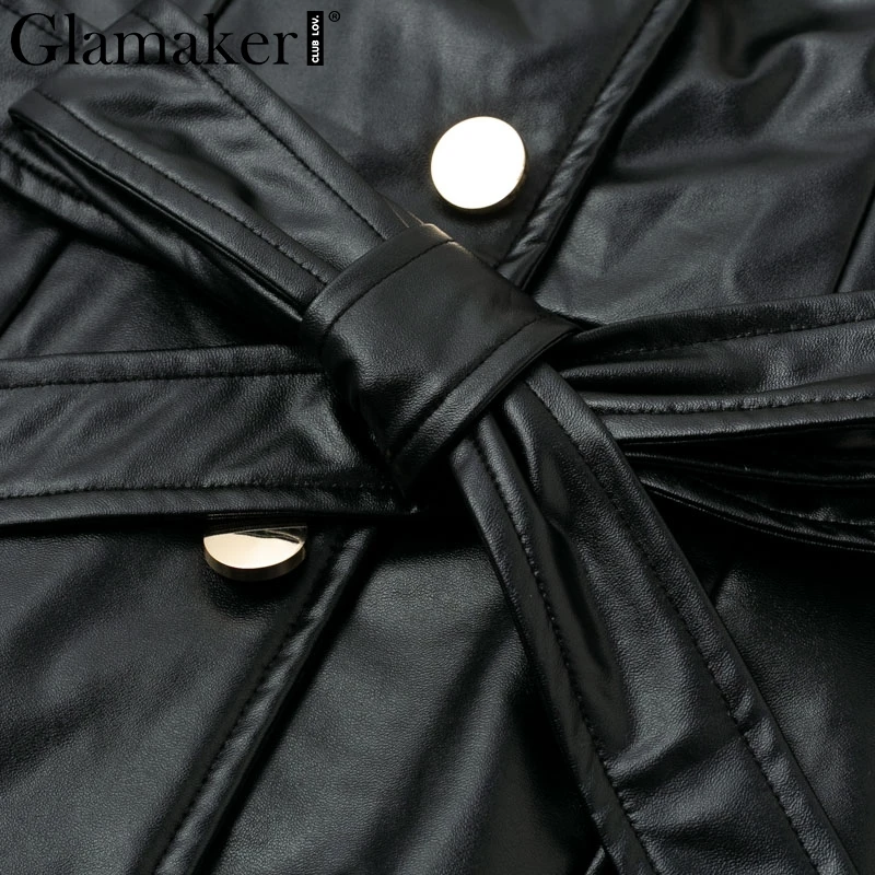 Glamaker сексуальное облегающее платье из искусственной кожи с v-образным вырезом, женские вечерние платья средней длины с высокой талией, элегантное женское осеннее черное Клубное платье на пуговицах