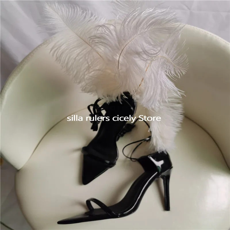 white Silla rules/ Новые Летние черные сандалии, украшенные перьями, женские туфли на очень высоком каблуке с ремешком на лодыжке, женская обувь для танцев, вечерние туфли с открытым носком - Цвет: white
