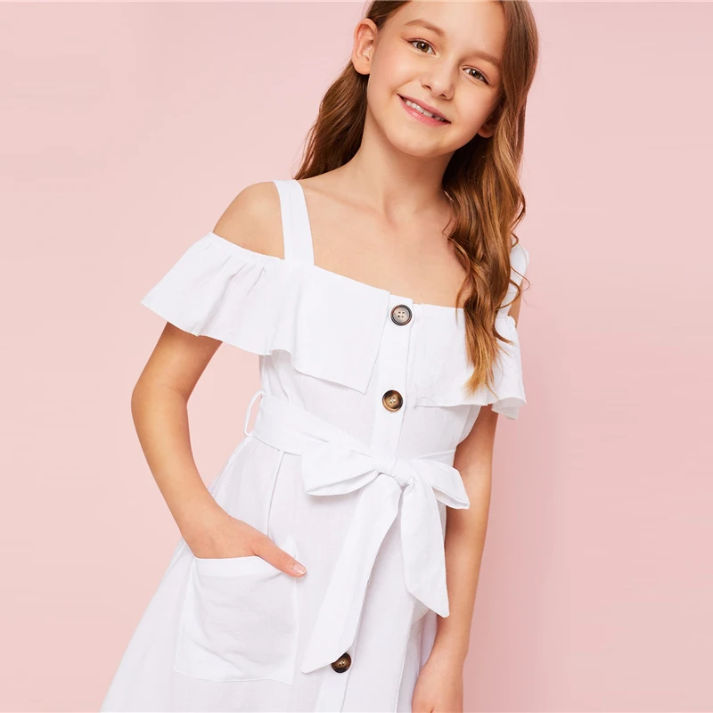 SHEIN/Детское платье-рубашка в стиле бохо с открытыми плечами и рюшами, с поясом г., милое летнее платье до колена на пуговицах спереди, с высокой талией