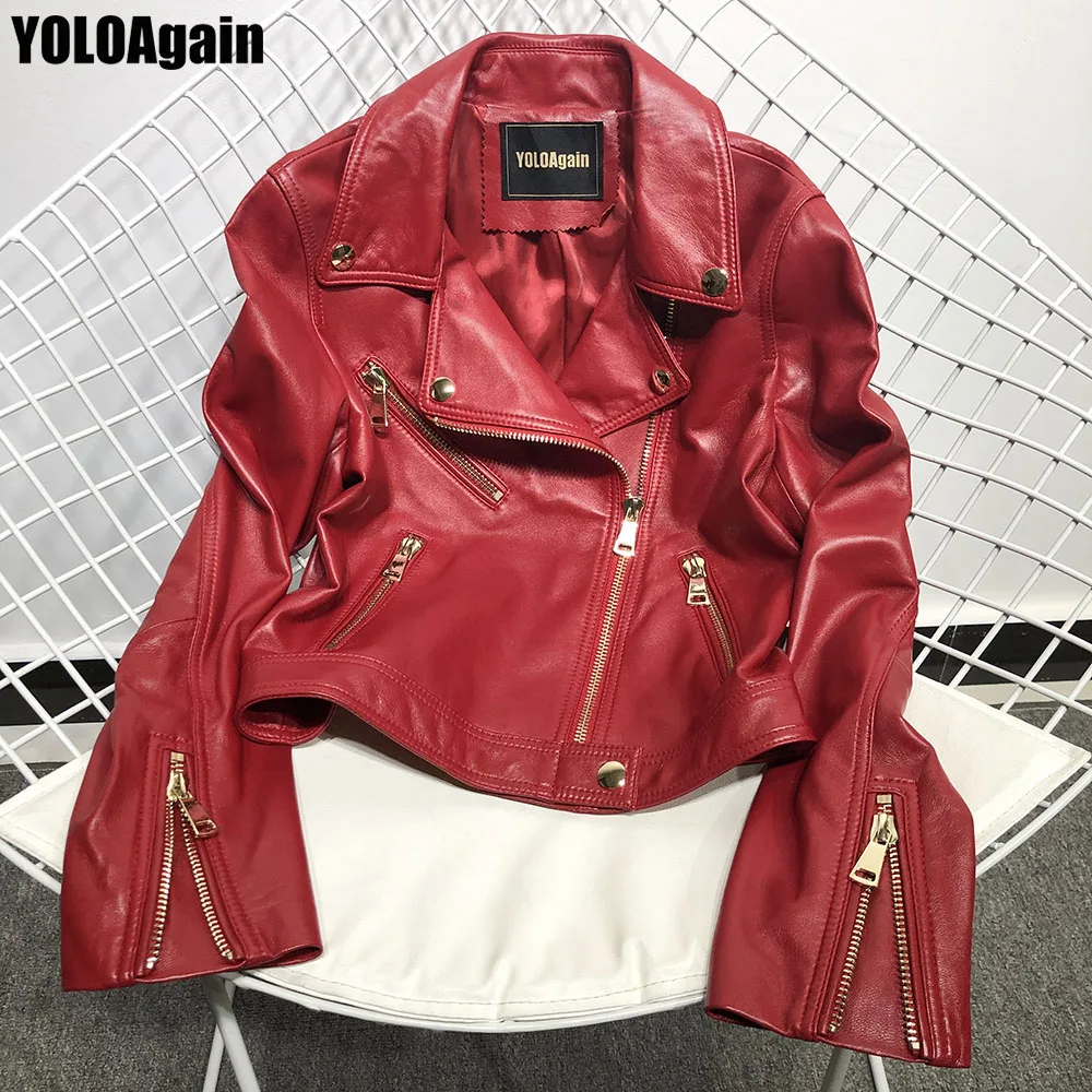 YOLOAgain женская куртка из натуральной кожи Женская Золотая овечьей на молнии |