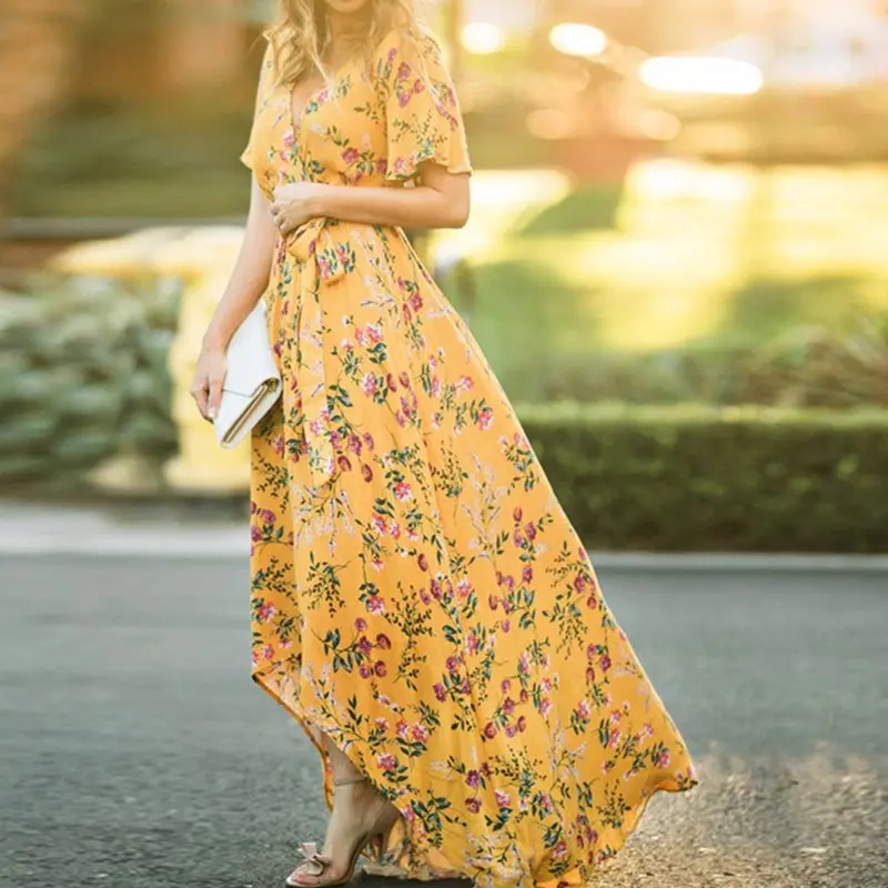 2019 Boho Модное Элегантное макси платье с цветочным принтом женское высокой талией