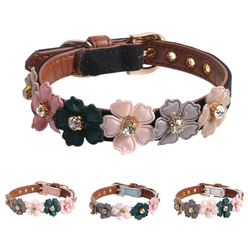Dog Flower Collar Cute Shiny Diamonds Leather Dogs Necklaces Pet Adjustable Collars For Small Medium Dogs Chihuahua For puppy
