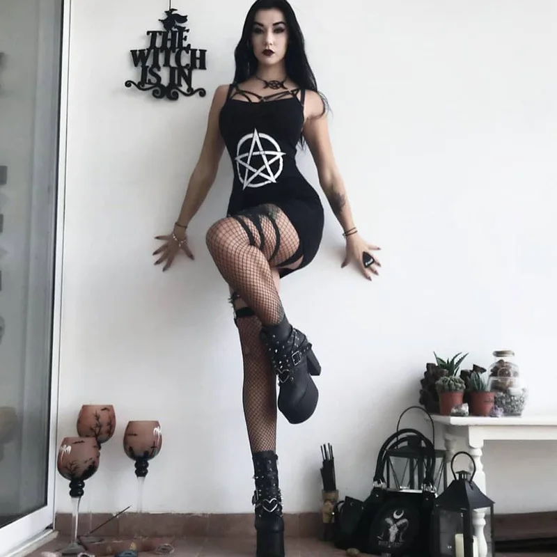 New Sexy Mini Dress Women Summer Gothic Darkness Pentagram Printed Punk Girl Streetwear Club Straps Bodycon Short Dresses 2019 | Женская