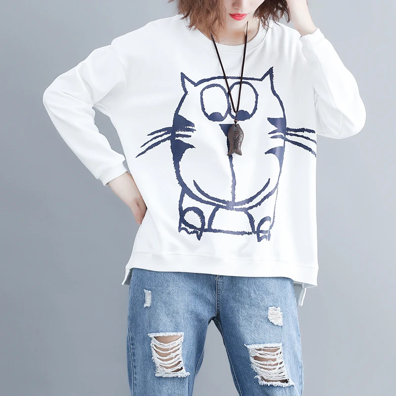 Фото 2018 Autumn Women Casual T-shirt Winter Female Clothing Plus Size Elegant Loose O-neck Cute Cat Print Black White Tshirt Tops Женская 2018 Autumn Women Casual T-shirt Winter Female Clothing Plus Size Elegant Loose O-neck Cute Cat Print Black White Tshirt Tops Женская