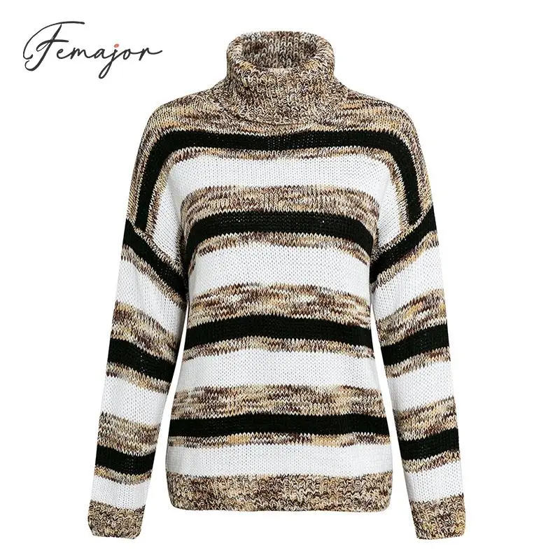 Femajor Women Autumn Winter Turtle Neck Sweater Female 2019 Fashion Stripe Knitted Tops Mujer Loose Long Sleeves Pullover Jumper | Женская