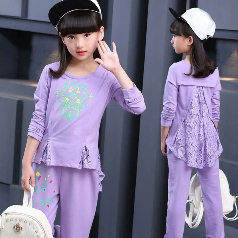Новая Девушка Весна Осень детская Одежда Костюм 2017 Хан издание сладкий Топы +