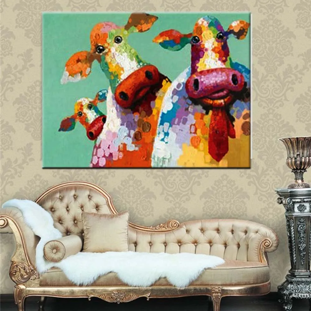 

Hand Painted Abstract Animals Art Canvas Cow Cartoon Oil Painting Animal Cow Wall Picture Living Room Bedroom Home Wall Decor