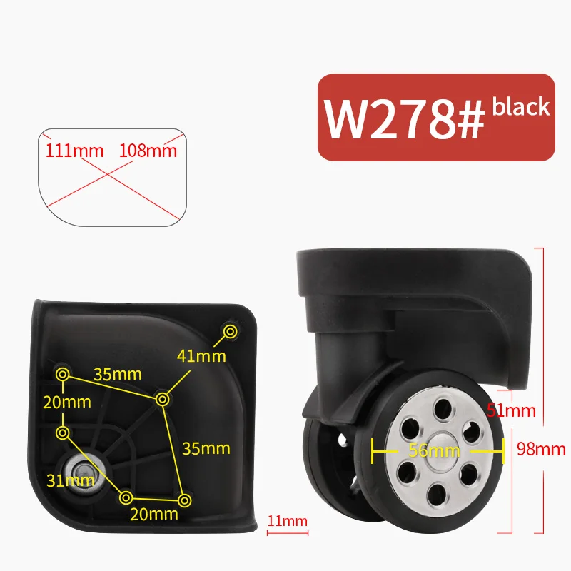 W278(2 Wheels)Black Сменные ролики, бесшумный поворотный Чехол на колесиках, Сменный Чехол на колесиках, аксессуары на колесиках, чехол для ремонта, универсальные колеса - Цвет: W278(2 Wheels)Black