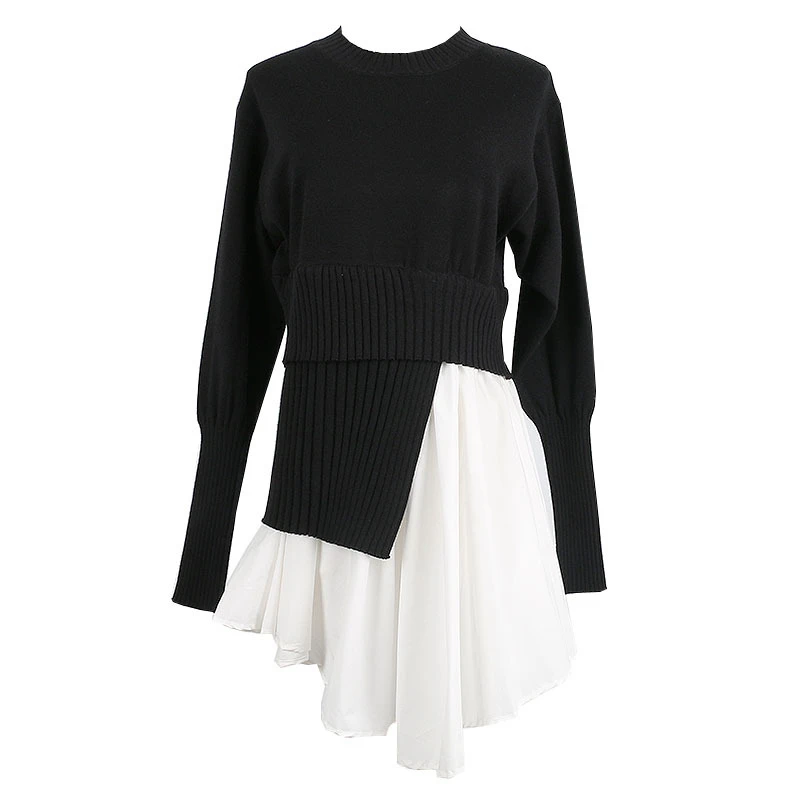 2019 Новый осень-зима шею длинным рукавом черный свободные трикотажные подол