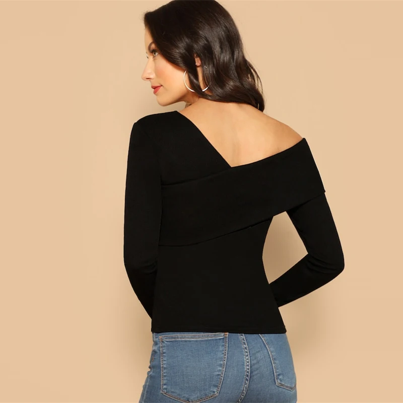 SHEIN, белая Асимметричная Однотонная футболка с круглым вырезом, вязанная в рубчик, приталенный, вечерние, Повседневный пуловер, рубашка с длинным рукавом, осень, женская футболка, Топ