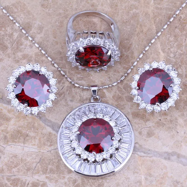 Красный Гранат Белый CZ Серебряные комплекты ювелирных изделий серьги кулон