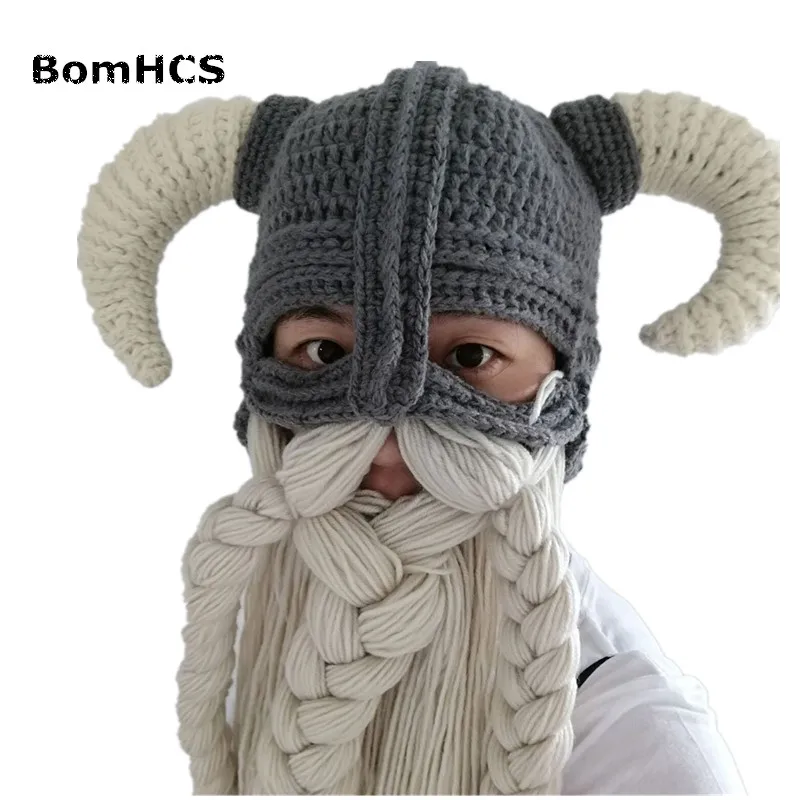 BomHCS Vikings Beanies Beard Horn Hats Handmade Knitted Caps Men's Women Birthday Cool Gifts Party Mask